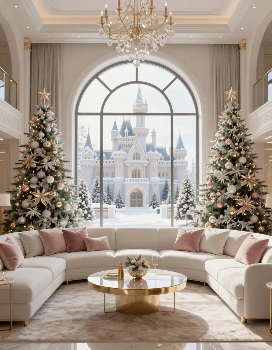A luxurious living room with a large arched window, decorated with Christmas trees and a white sectional sofa, overlooking a snow-covered castle.