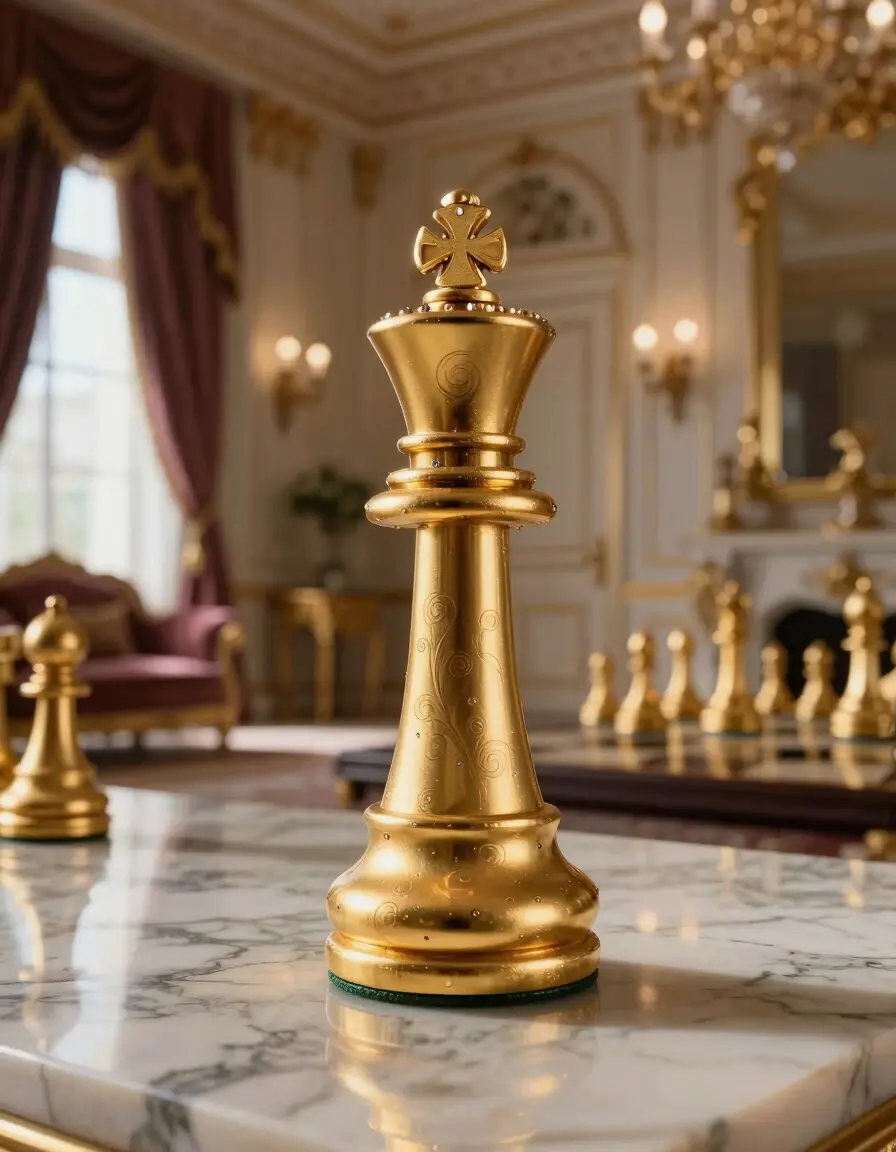 A luxurious gold chess king on marble in a grand, opulent room with natural light and high-end decor.