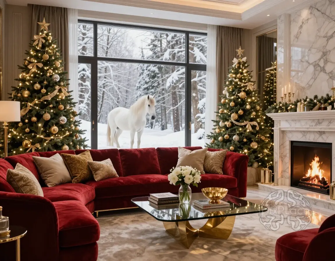 Luxurious living room with red sofa, Christmas trees, and marble fireplace