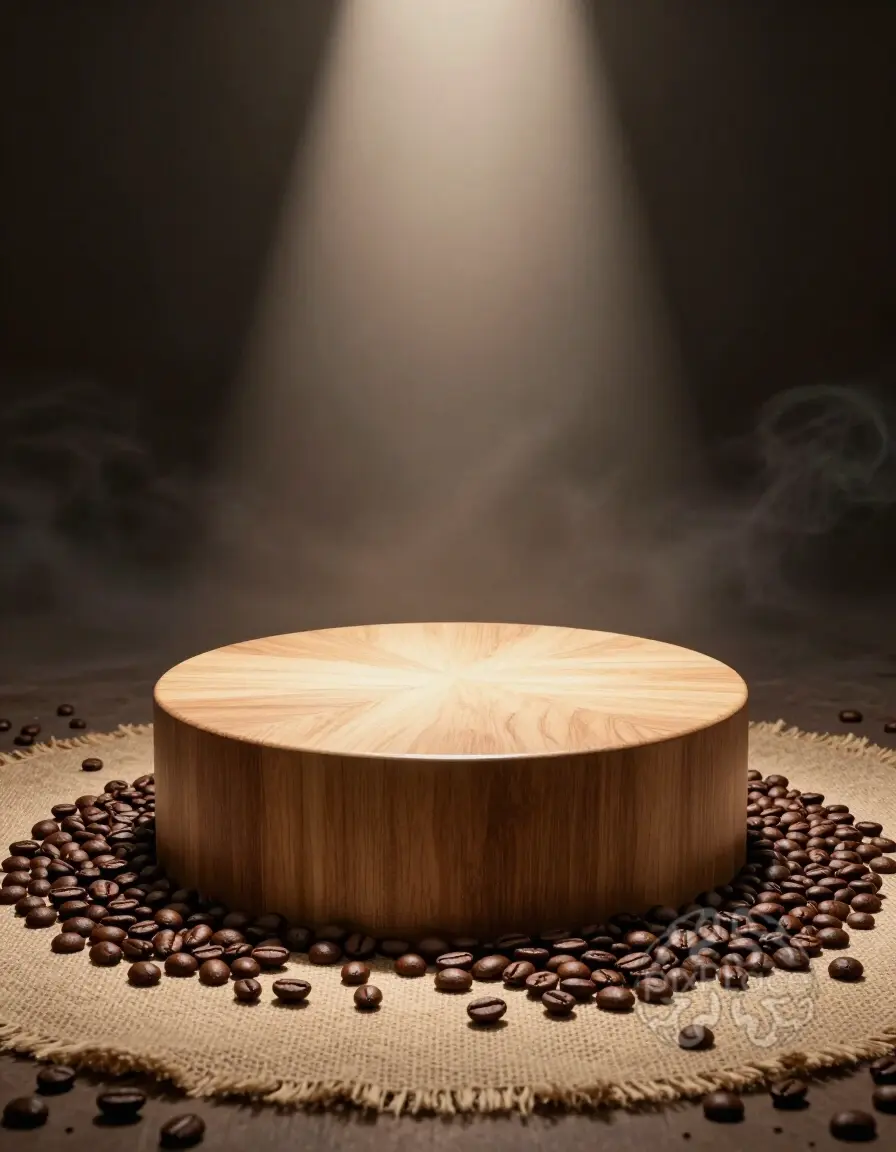 Cylindrical wooden podium with light top surface on burlap with coffee beans under spotlight
