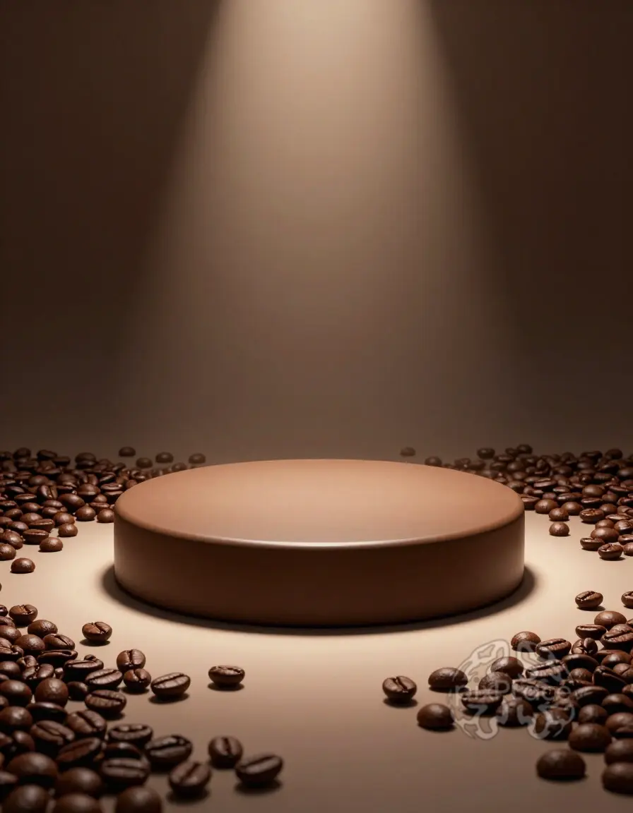 Round brown podium on beige surface surrounded by coffee beans under spotlight