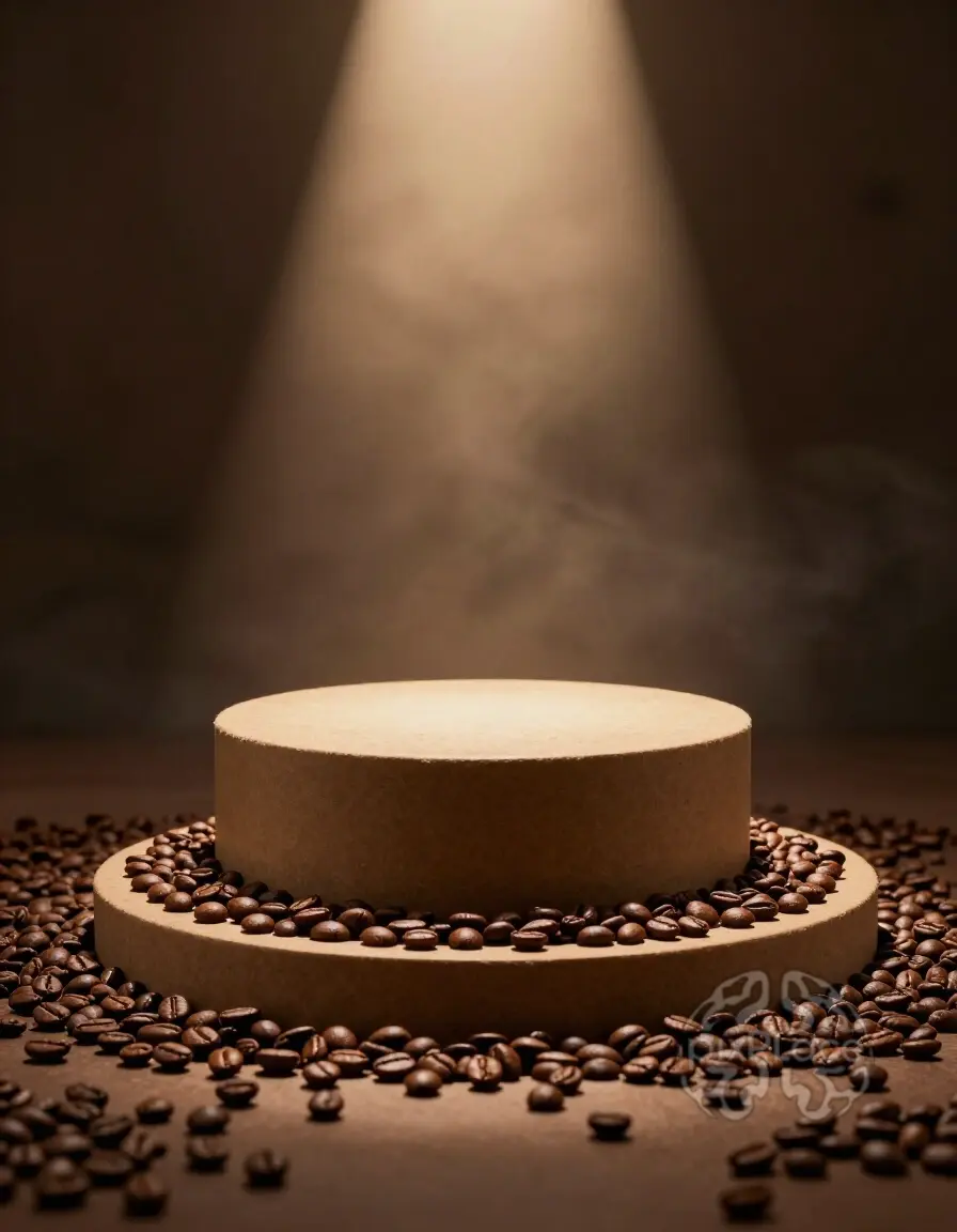Cylindrical podium on a coffee bean-covered platform with spotlight and smoke