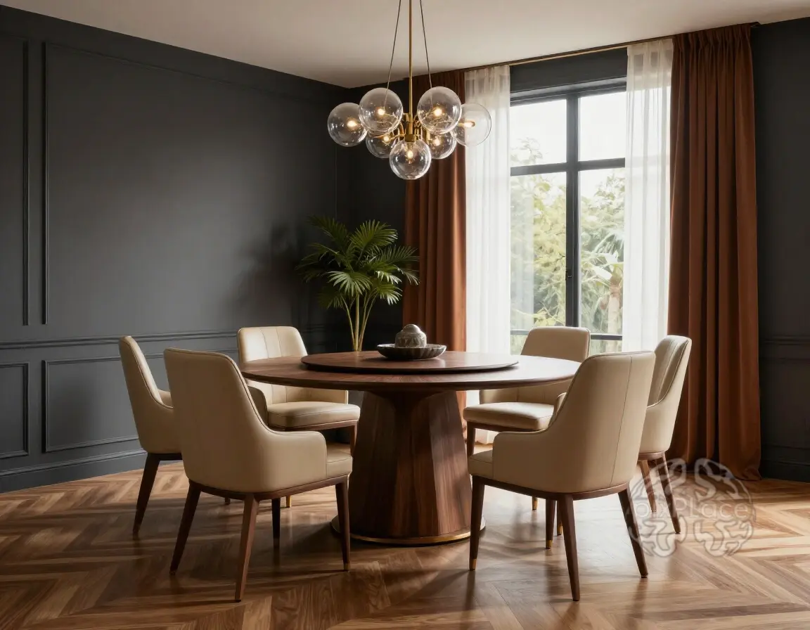 Luxurious dining room with round wooden table, beige leather chairs, and a stunning chandelier, set against a dark gray wall with a large window.