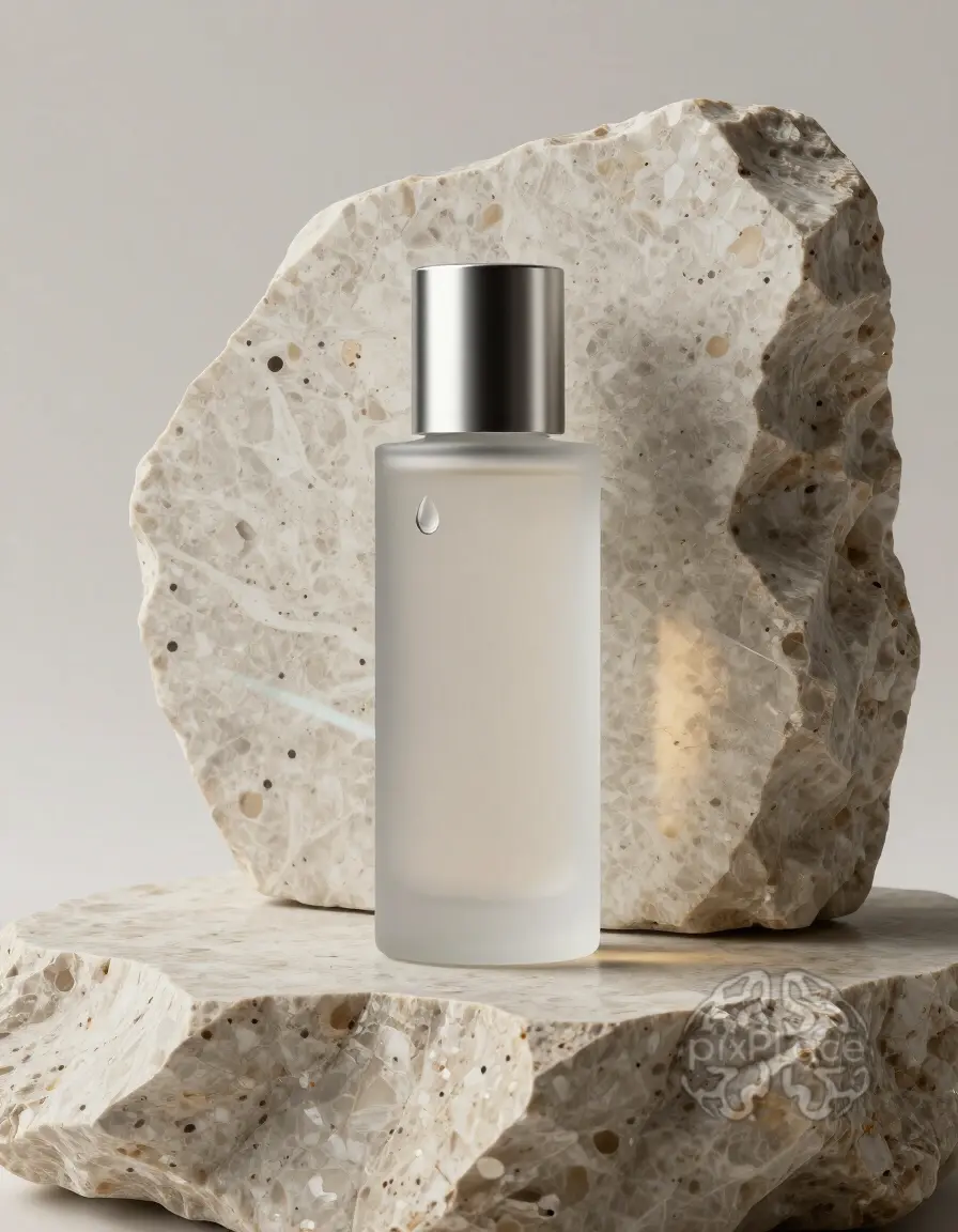 Luxury fragrance bottle with frosted obsidian glass and titanium cap on travertine stone