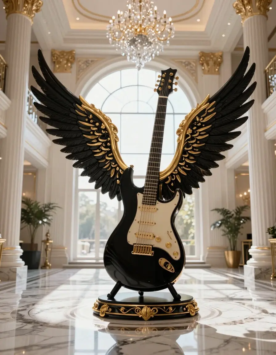 A grand, black and gold electric guitar sculpture stands on a sleek stand in a luxurious interior space with marble floors and crystal chandeliers.