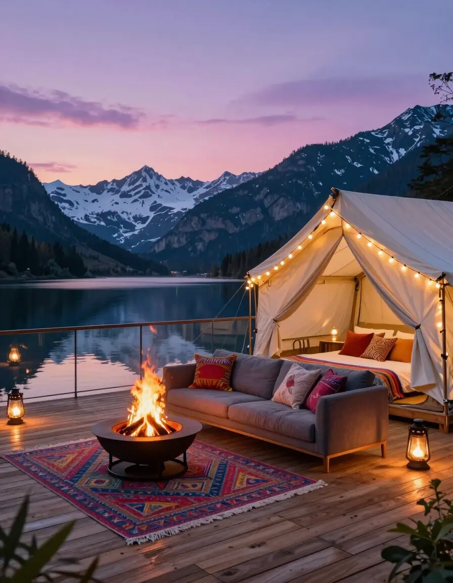 A luxurious glamping setup on a wooden deck overlooking a serene lake and snow-capped mountains at dusk.