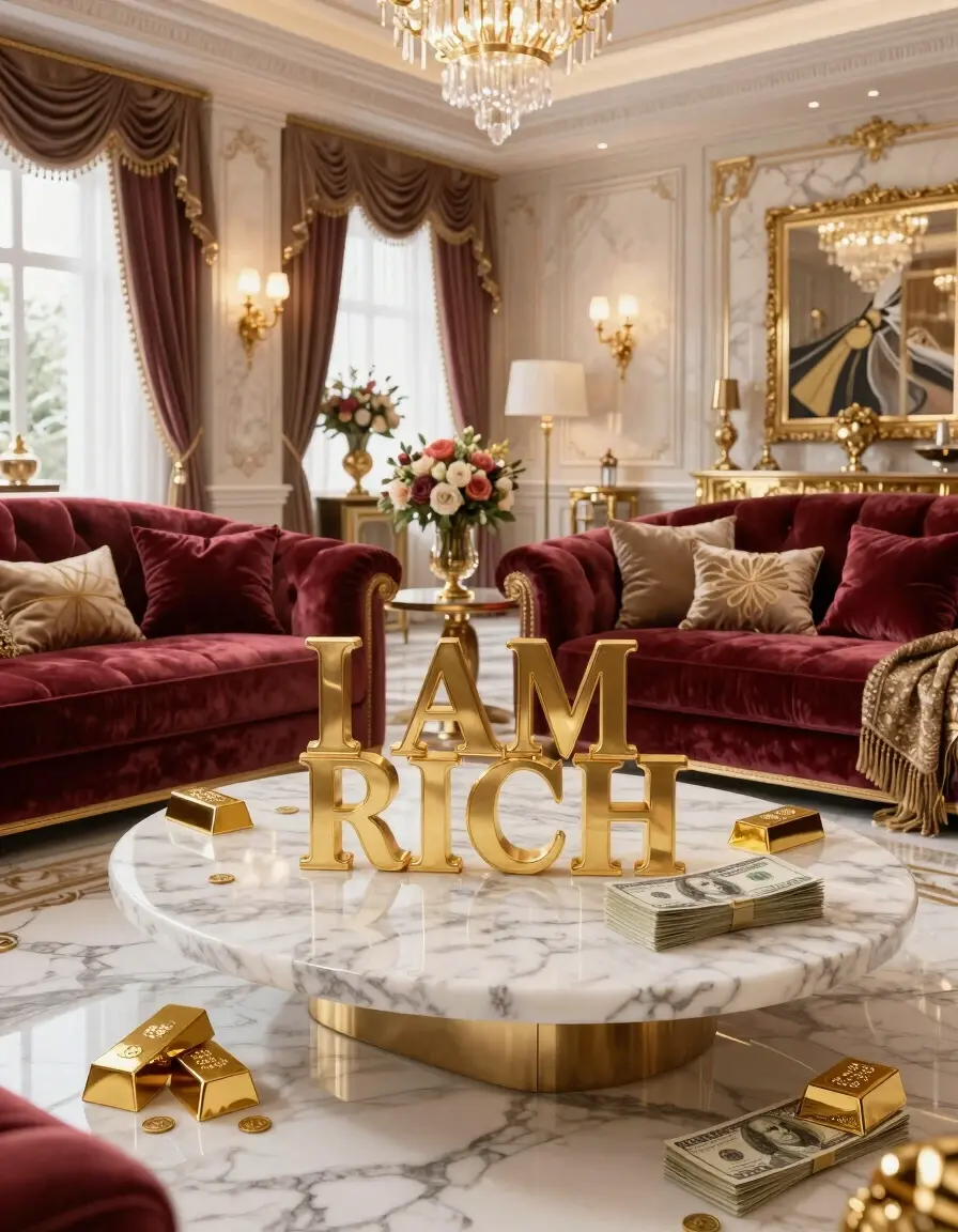Luxurious living room with marble coffee table and gold accents