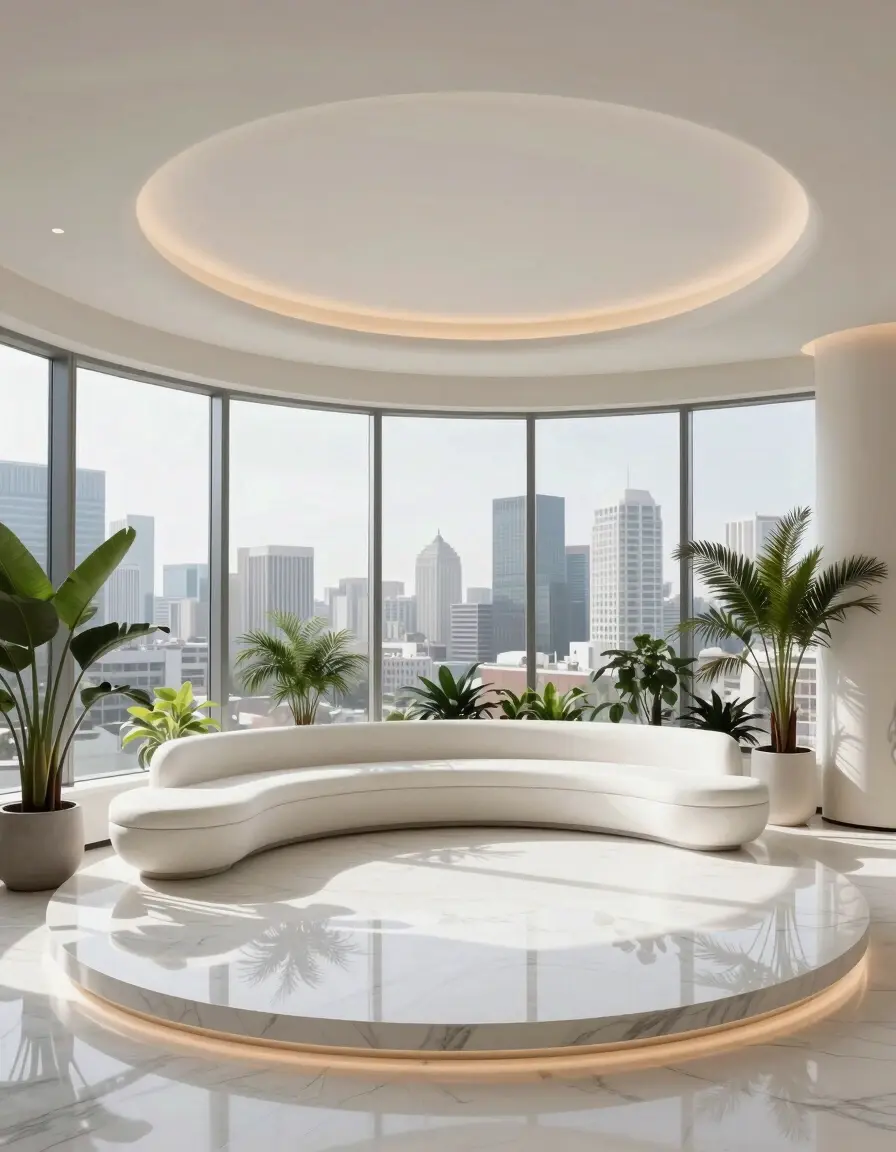 A modern, luxurious interior with a circular marble platform and city view
