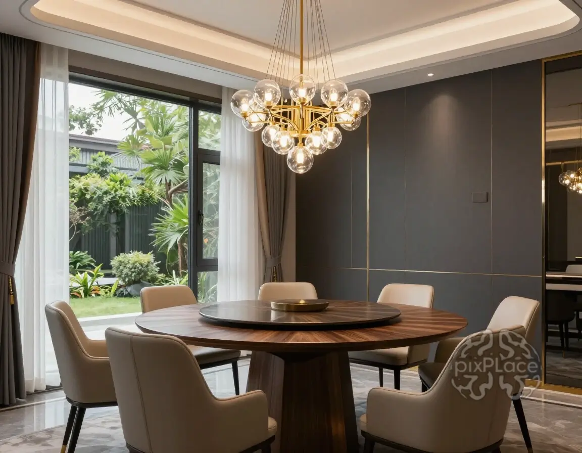 A sophisticated dining space with a round wooden table, beige chairs, and a multi-bulb chandelier, set against a dark gray wall and a window with sheer curtains.