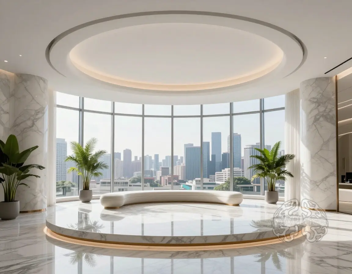A modern, luxurious interior space with a circular platform, marble finishes, and a city view.