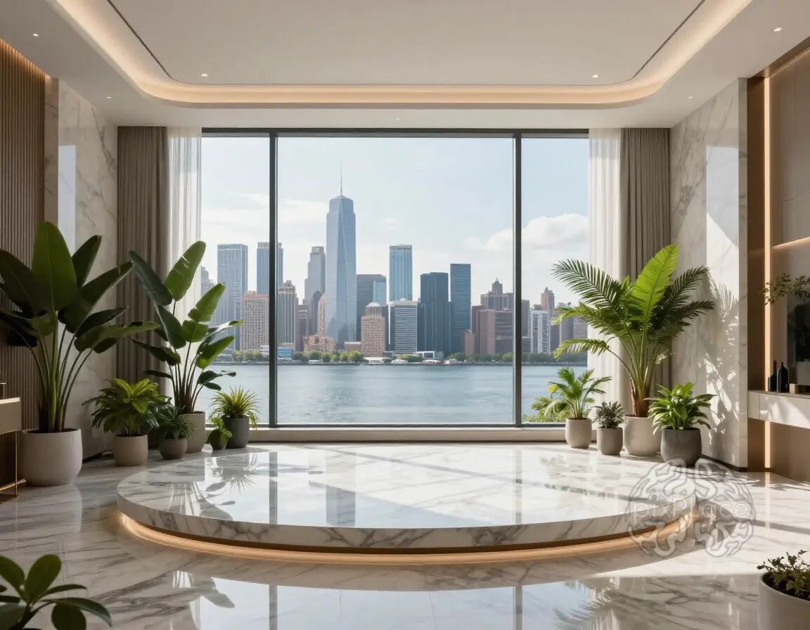A luxurious modern interior space with a large window, circular marble platform, and potted plants, overlooking a city skyline and body of water.