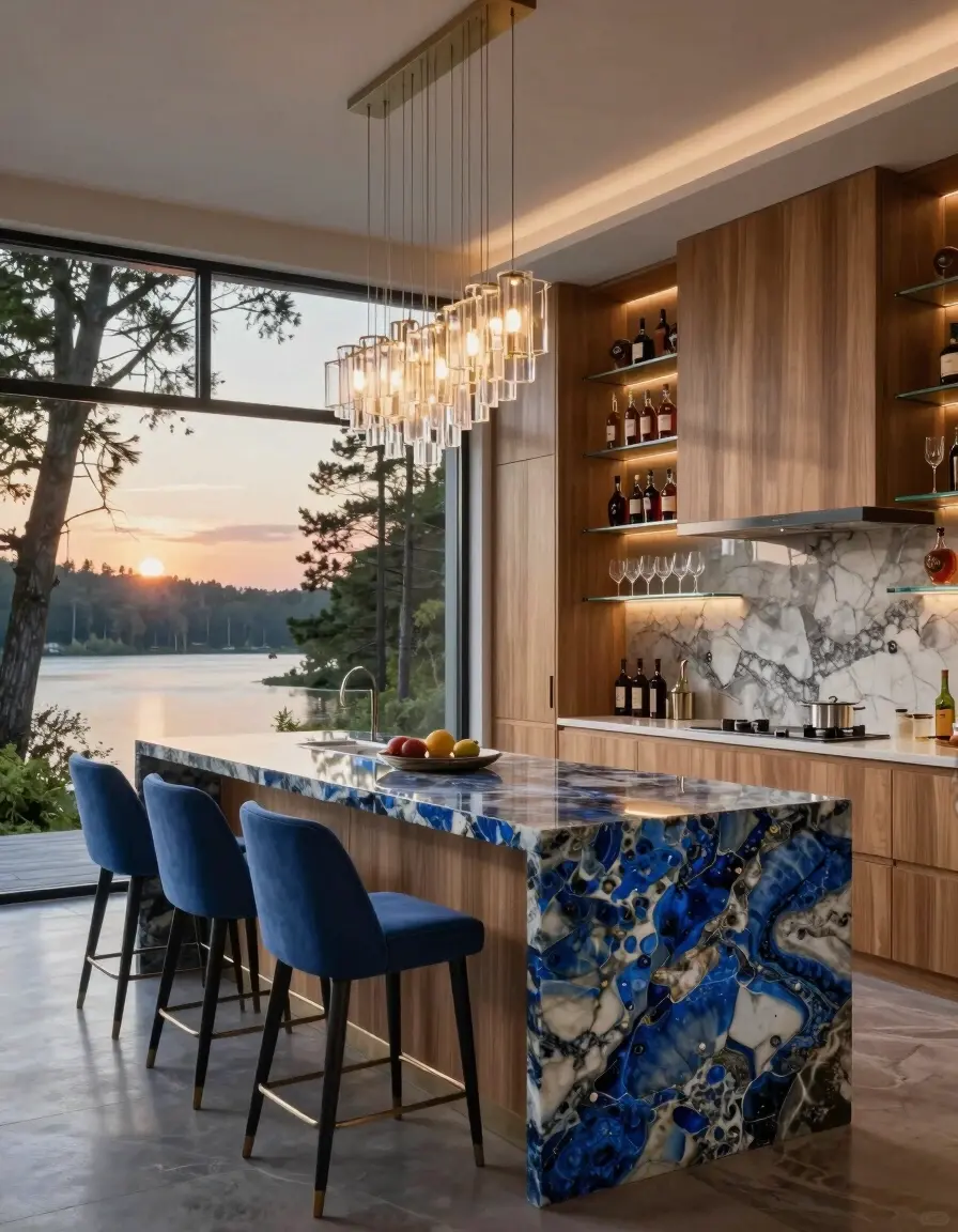 A modern kitchen with a blue quartz island, light wood cabinets, and large windows overlooking a forest and lake.