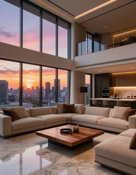 A luxurious living room with high ceilings and large windows showing a city skyline at sunset, featuring a beige sofa, wooden coffee table, and marble flooring.