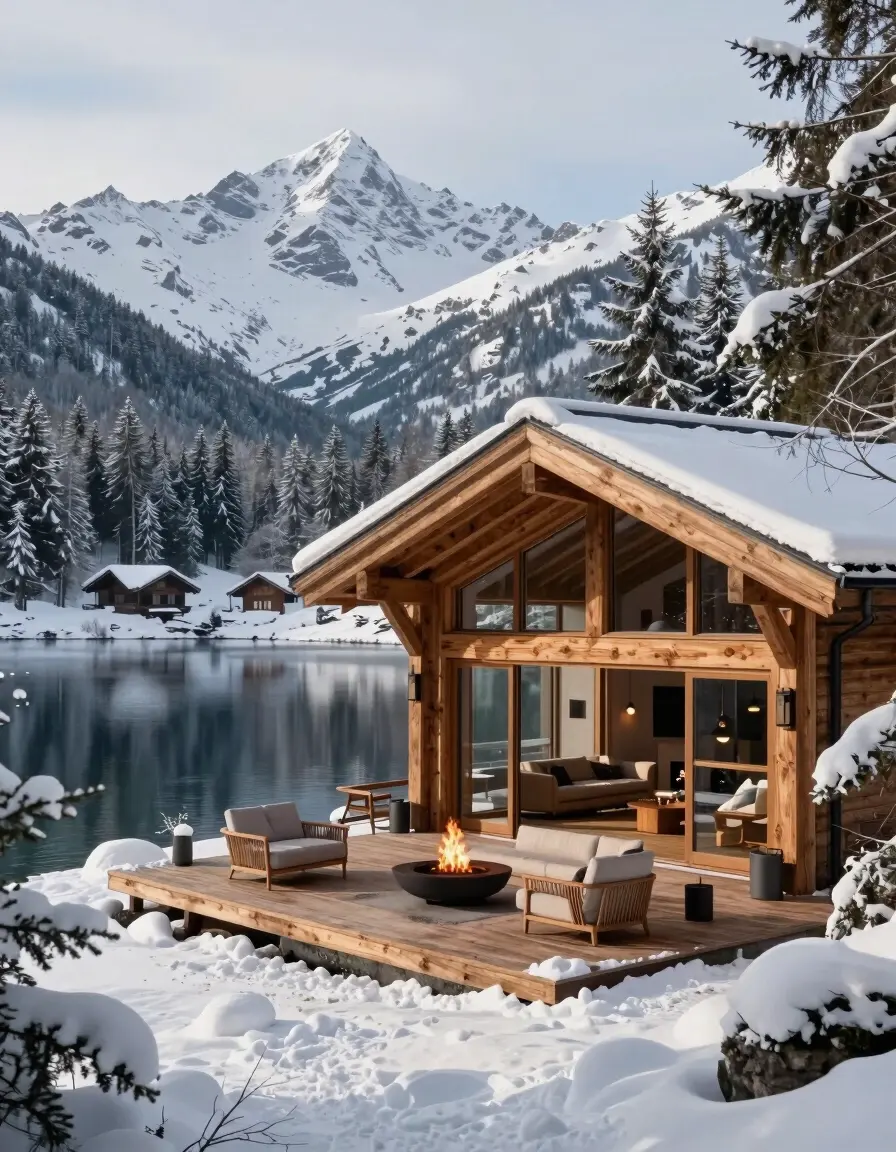 A luxurious modern chalet with large glass windows and a wooden deck overlooking a serene lake in a snowy mountain landscape.