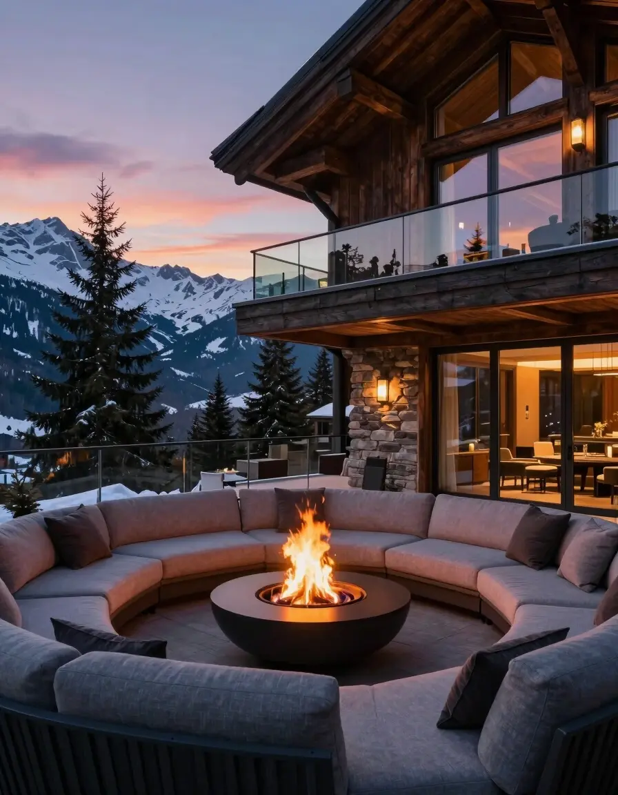 A luxurious outdoor seating area with a circular sofa and fire pit, adjacent to a modern mountain chalet with dark wood accents and glass railings, set against a backdrop of snow-covered mountains and evergreen trees at dusk.