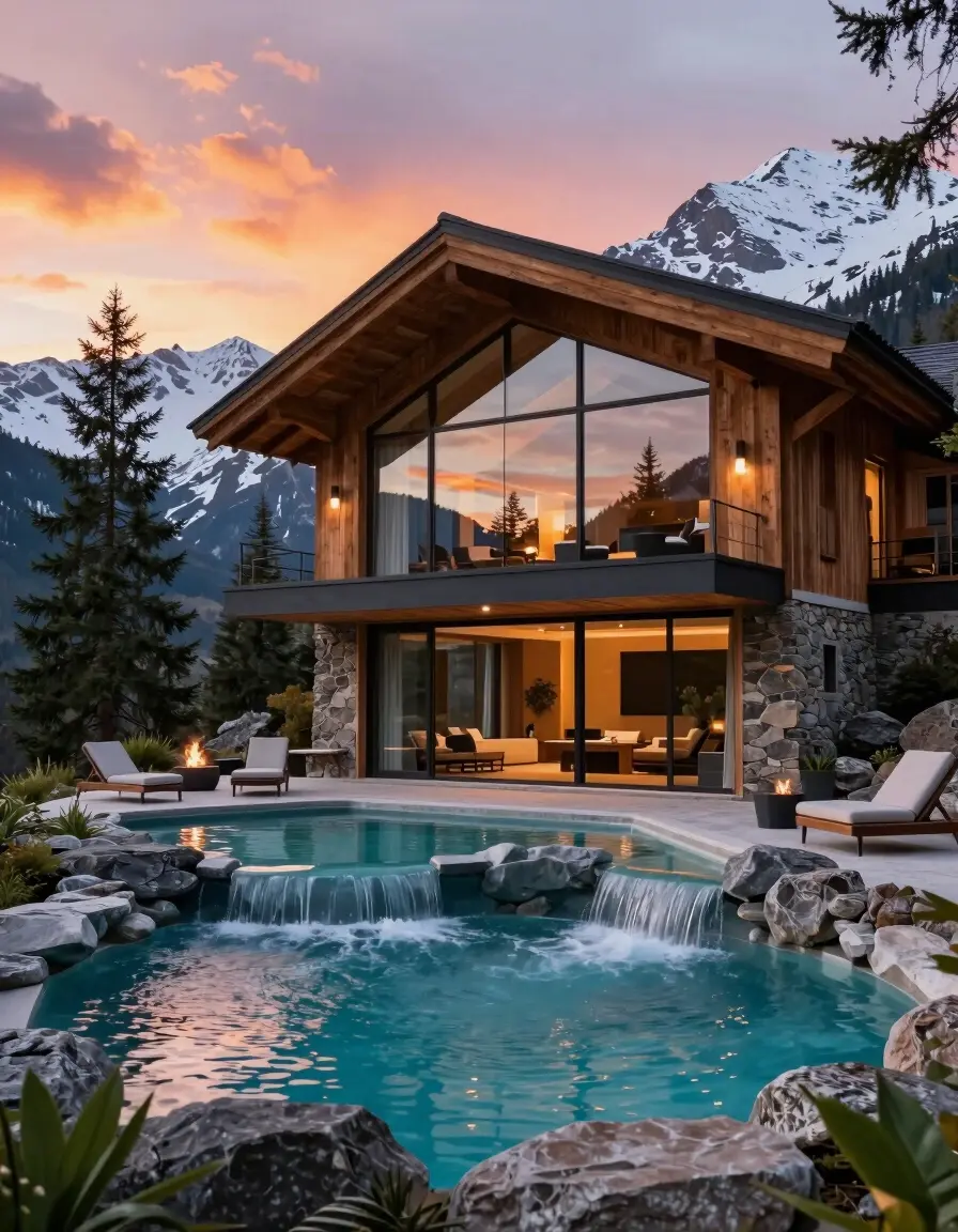 A luxurious mountain chalet with a modern design, large glass windows, and a beautiful pool with a waterfall, surrounded by snow-capped mountains and evergreen trees.