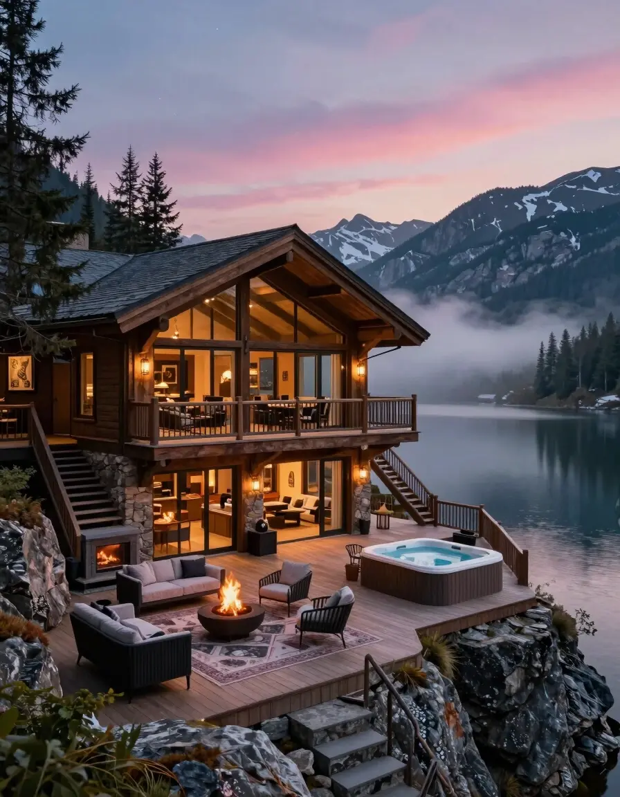 A luxurious mountain lodge interior with a cozy living room, modern kitchen, and stunning views of the lake and mountains.