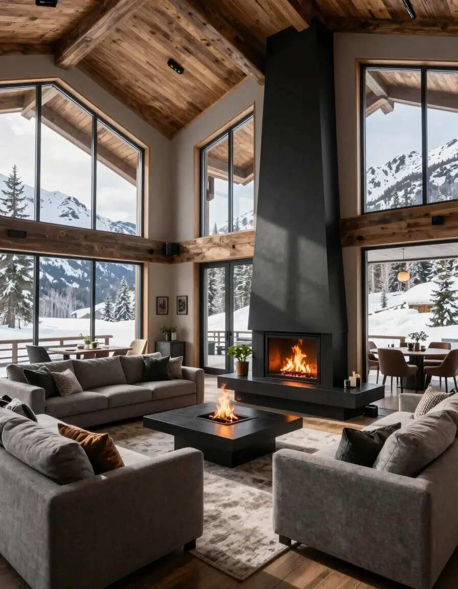 A luxurious mountain lodge living room with a double-sided fireplace, gray sofas, and large windows overlooking a snowy landscape.