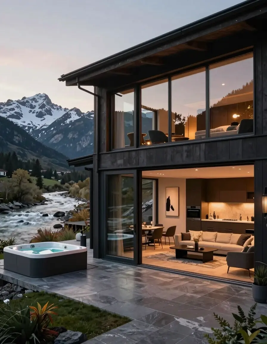 Modern luxury mountain lodge with glass windows, deck, hot tub, and bathtub overlooking a river and snow-capped mountains.