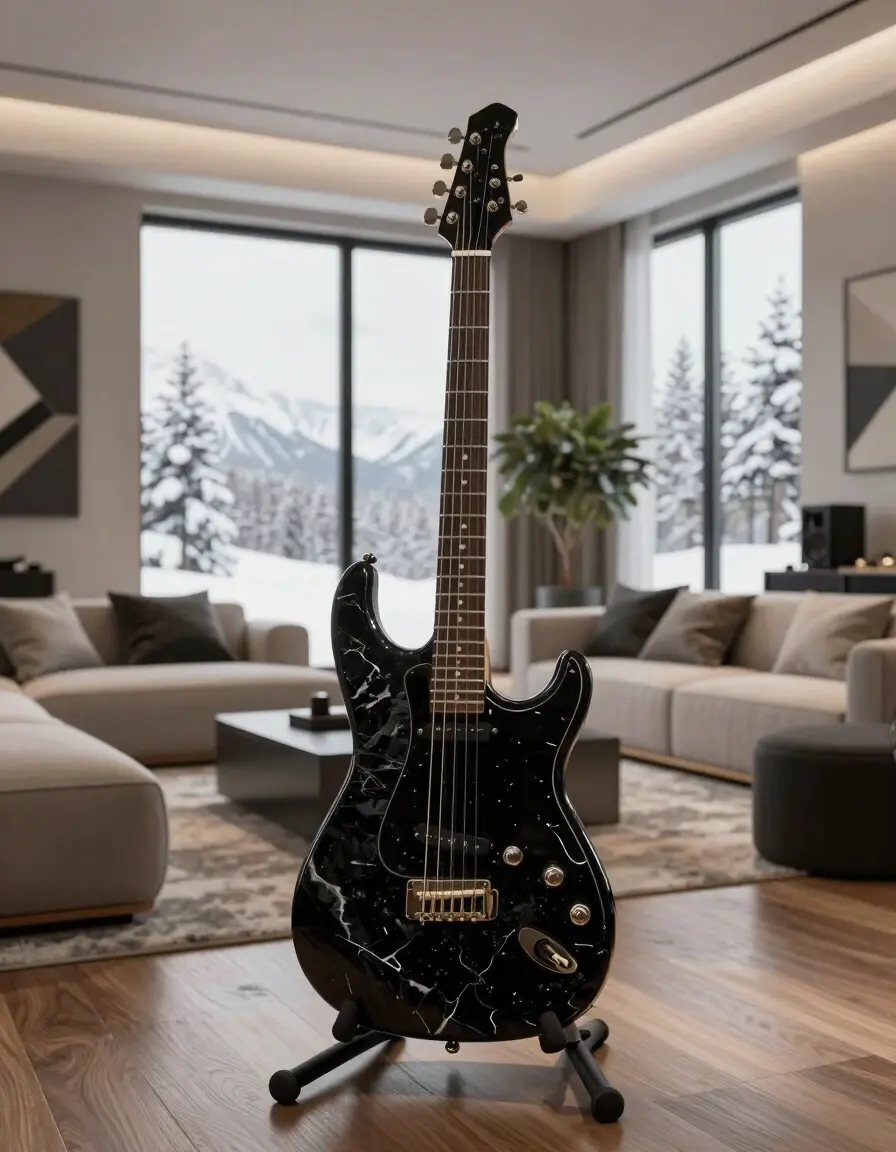 A luxurious music room featuring a black marble electric guitar on a stand, minimalist decor, and large windows with a snowy view outside.