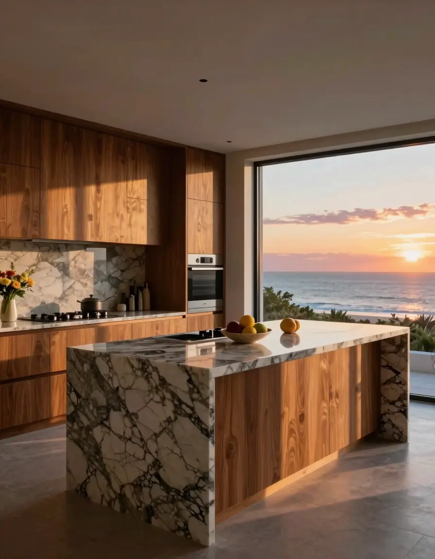 A modern kitchen with a large island, green marble countertop, and wooden cabinets, overlooking the ocean at sunset.