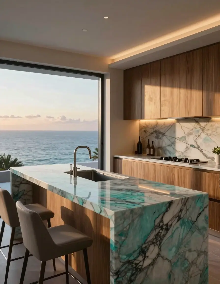 A modern kitchen with a turquoise marble island, wooden cabinets, and a large window overlooking the ocean at sunset.