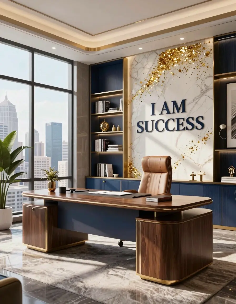 Luxurious office interior with motivational quote and gold glittering particles