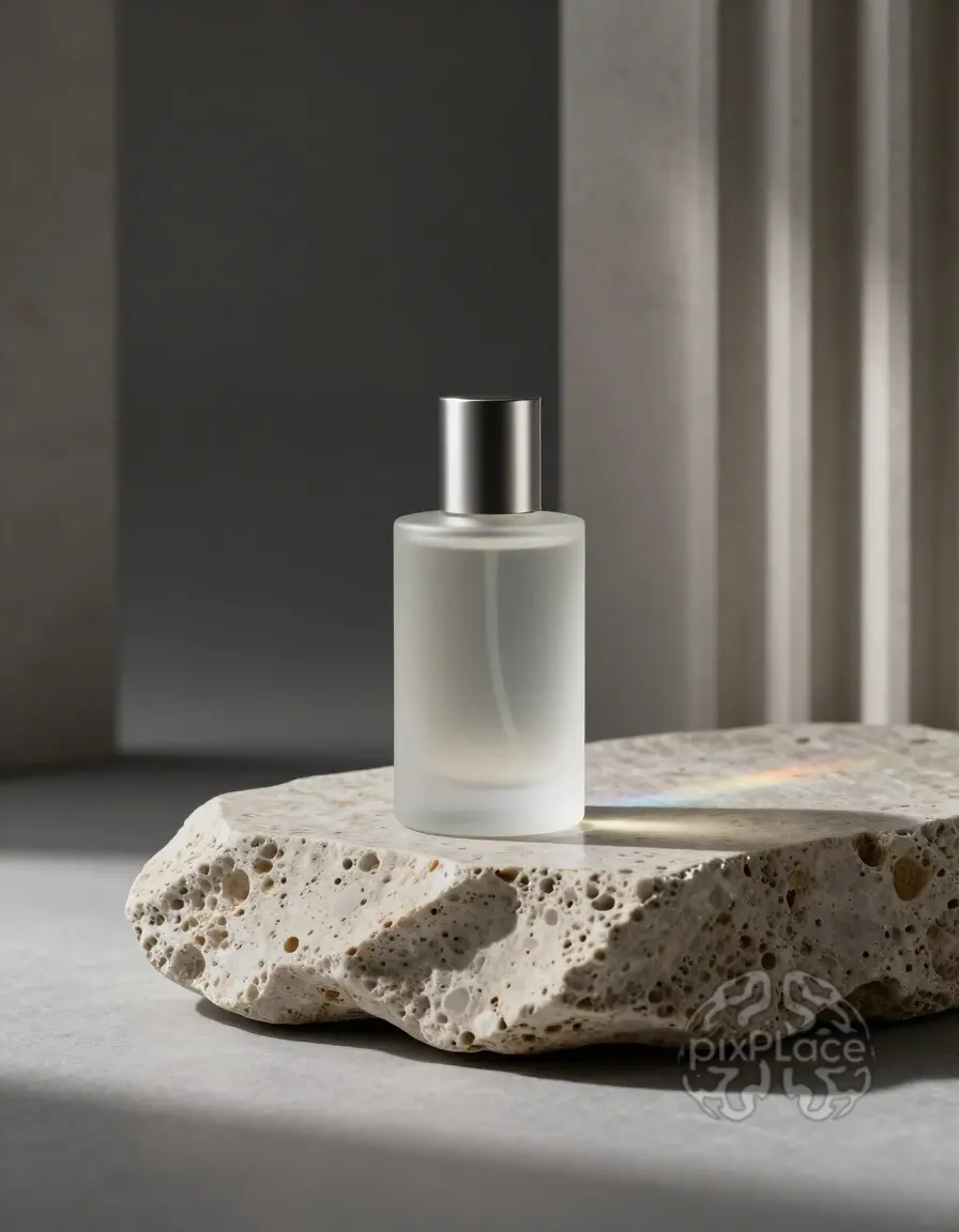 Luxury perfume bottle on a travertine stone slab with a frosted obsidian glass body and brushed titanium cap.