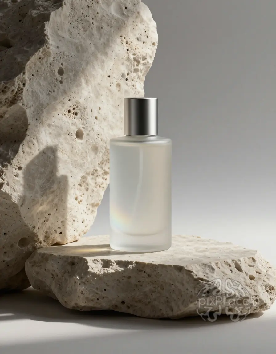 Luxurious perfume bottle with frosted obsidian glass and brushed titanium cap on a travertine stone slab, embodying high-end design and Quiet Luxury.