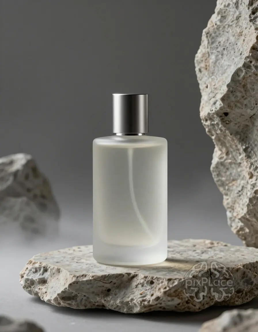 Luxury perfume bottle on stone slab with frosted glass and titanium cap