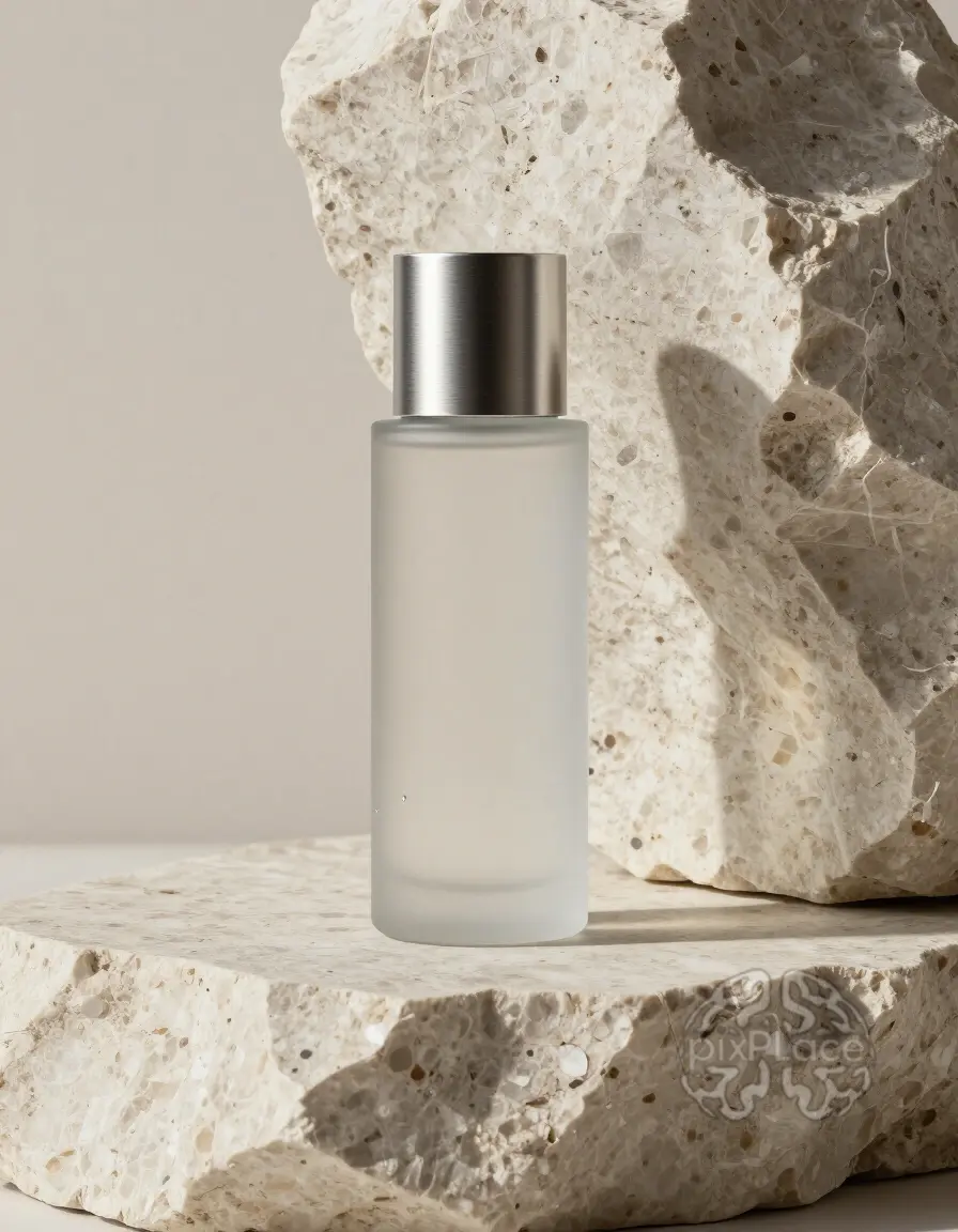 A luxurious perfume bottle with a frosted glass finish and titanium cap, placed on a travertine stone slab, embodying modernist architecture and negative space principles.