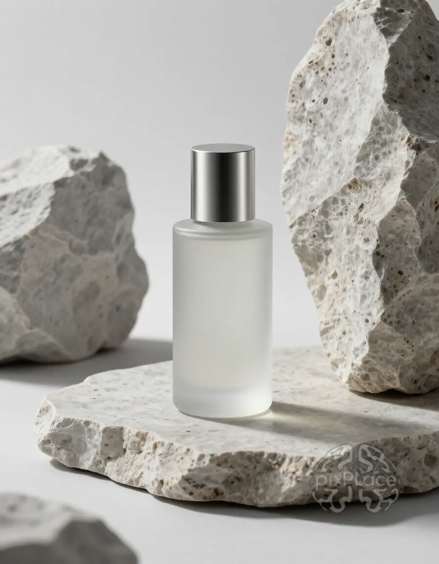 A luxurious glass perfume bottle with a frosted obsidian finish and brushed titanium cap, resting on a honed travertine stone slab, embodying the convergence of nature and technology.