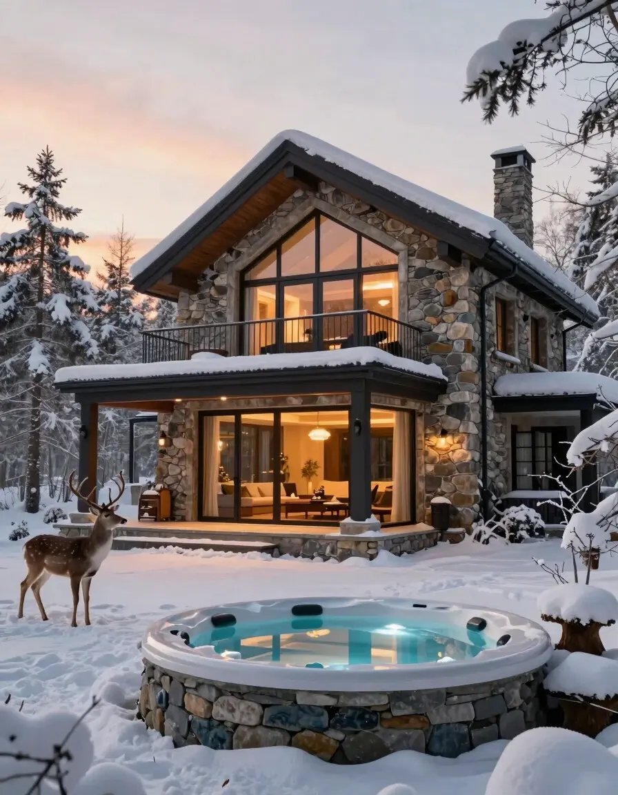 A luxurious stone cottage with a glass-enclosed sunroom and a circular hot tub in the snow, surrounded by trees and a deer during sunset.