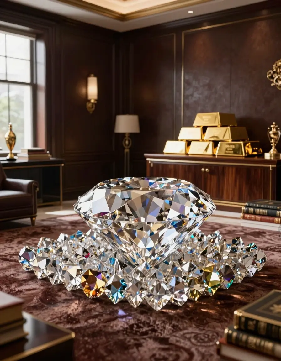 A luxurious study with a dark brown leather wall, a large diamond-shaped crystal, and gold bars, creating a sophisticated and opulent atmosphere.