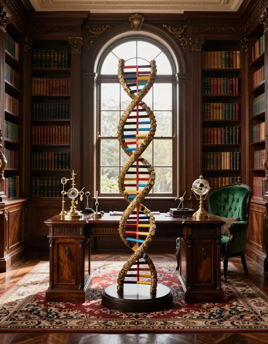 A luxurious study featuring a large DNA double helix sculpture on a patterned rug, surrounded by antique furnishings and bookshelves.