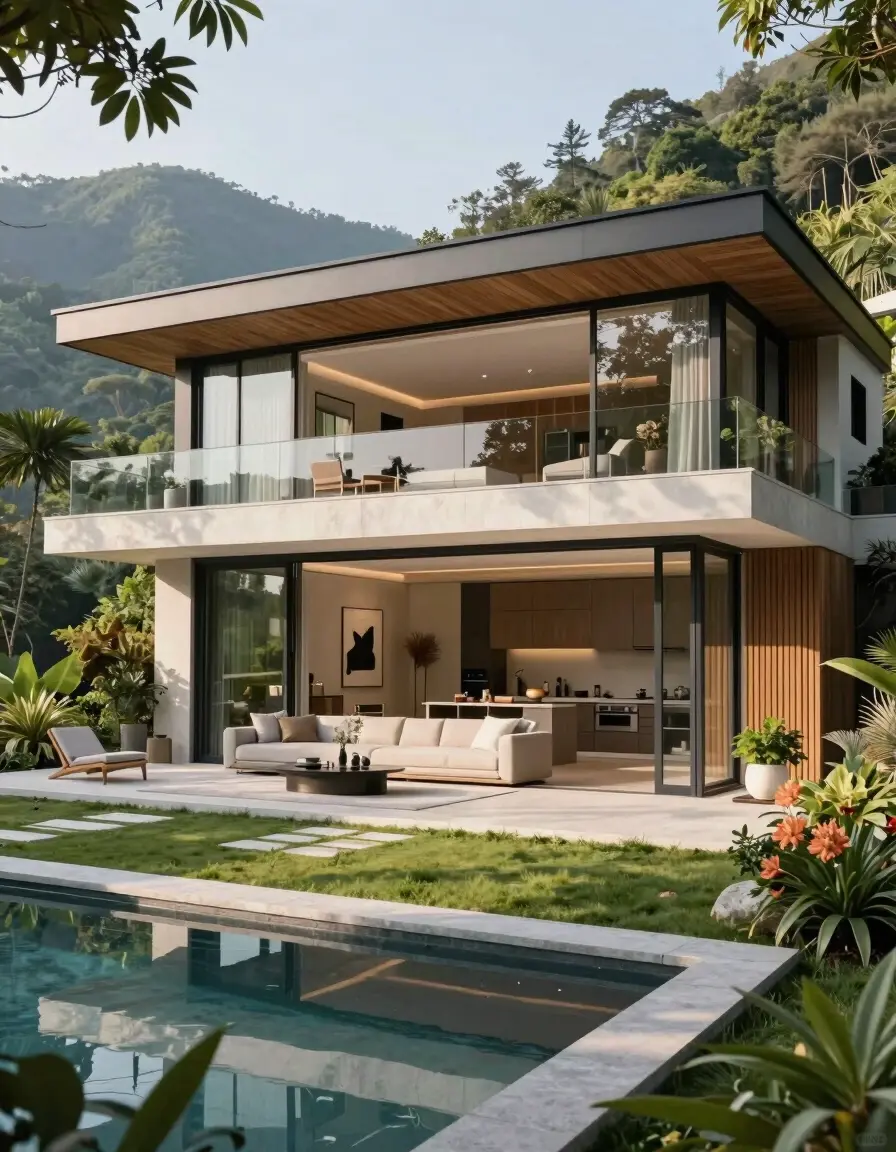 A modern, luxurious villa with a minimalist design, surrounded by lush greenery and a mountainous backdrop.