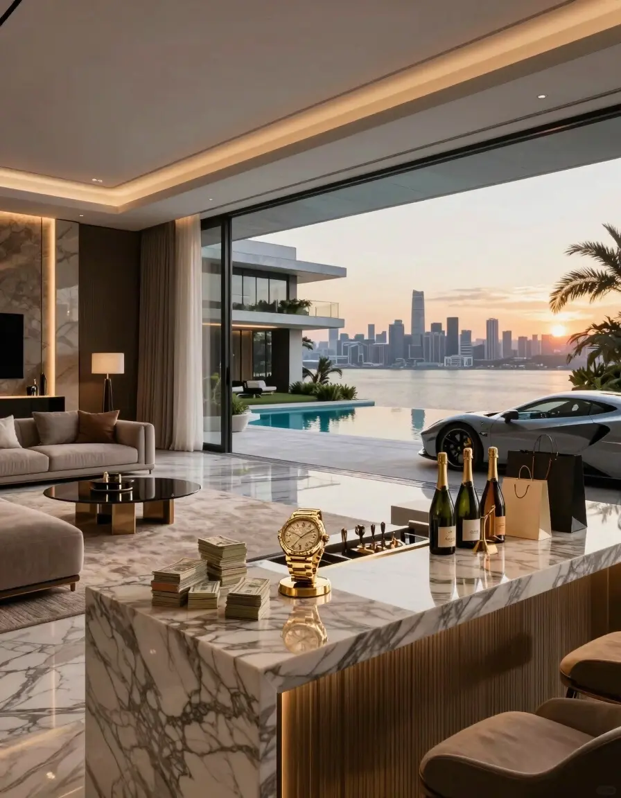 Luxurious villa interior living room with outdoor pool area and city skyline view at sunset, featuring high-end finishes and luxury car.