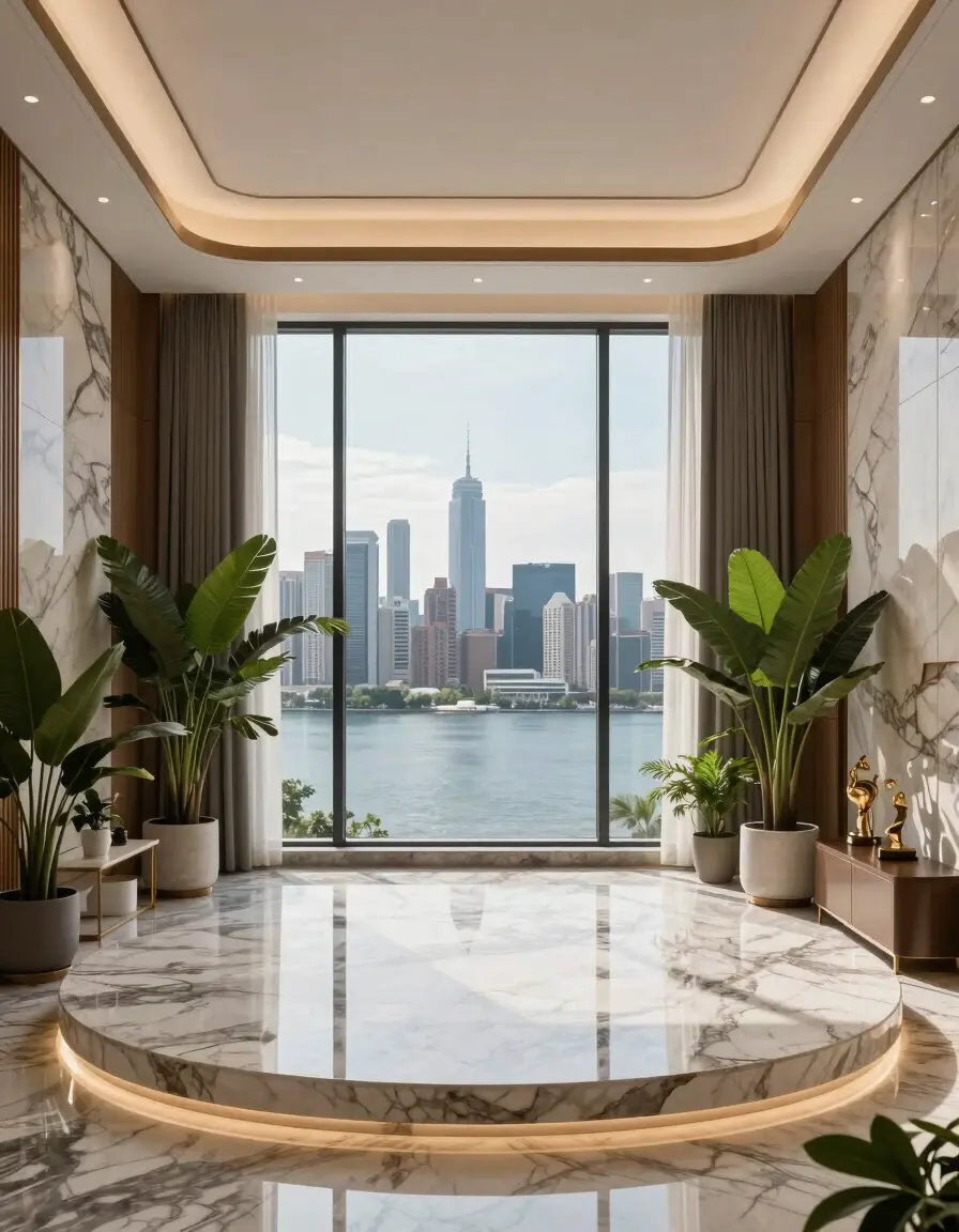 A luxurious interior space with a large window overlooking a city skyline and water, featuring a circular marble platform and potted plants.