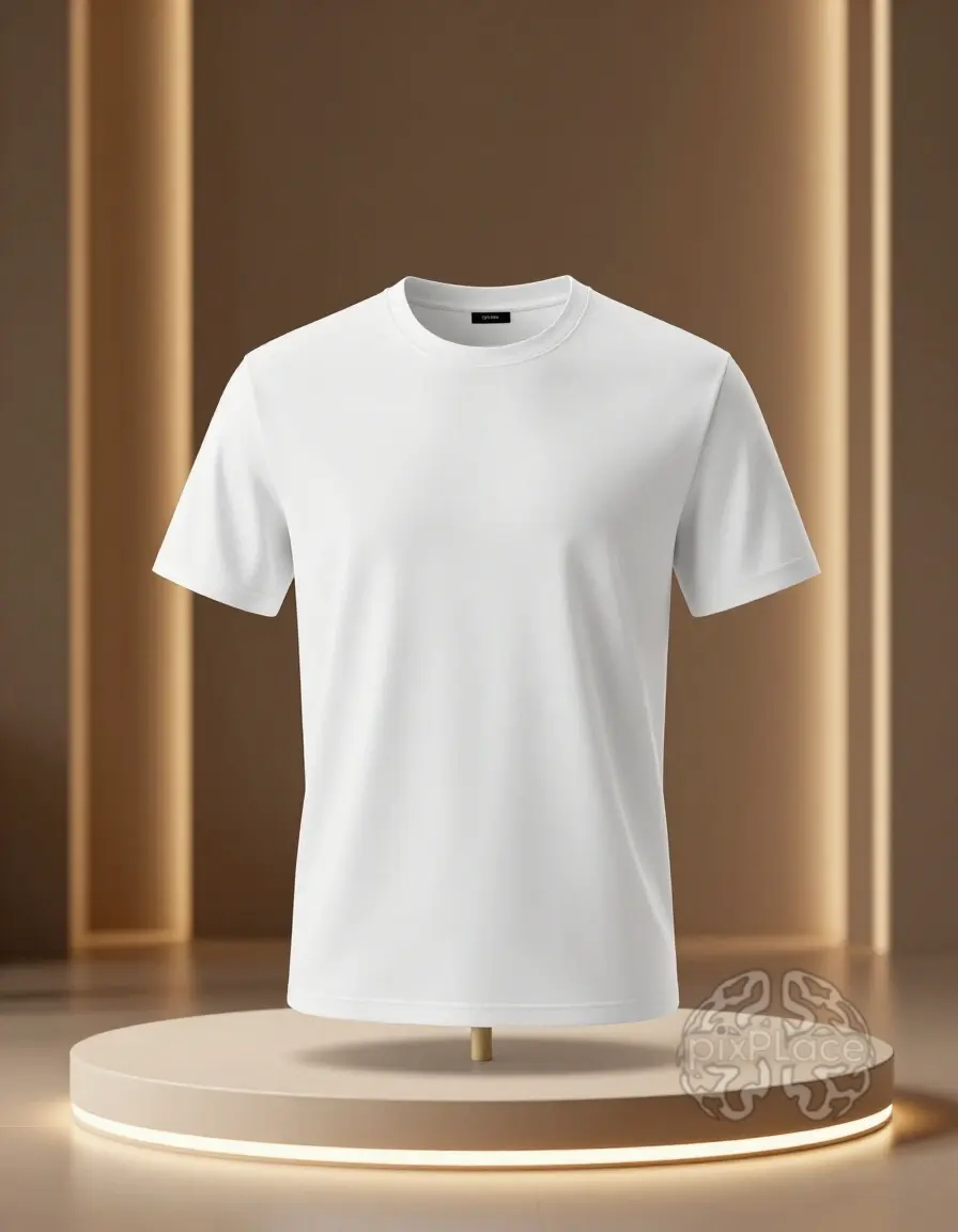 White T-shirt on mannequin with glowing platform and golden lighting