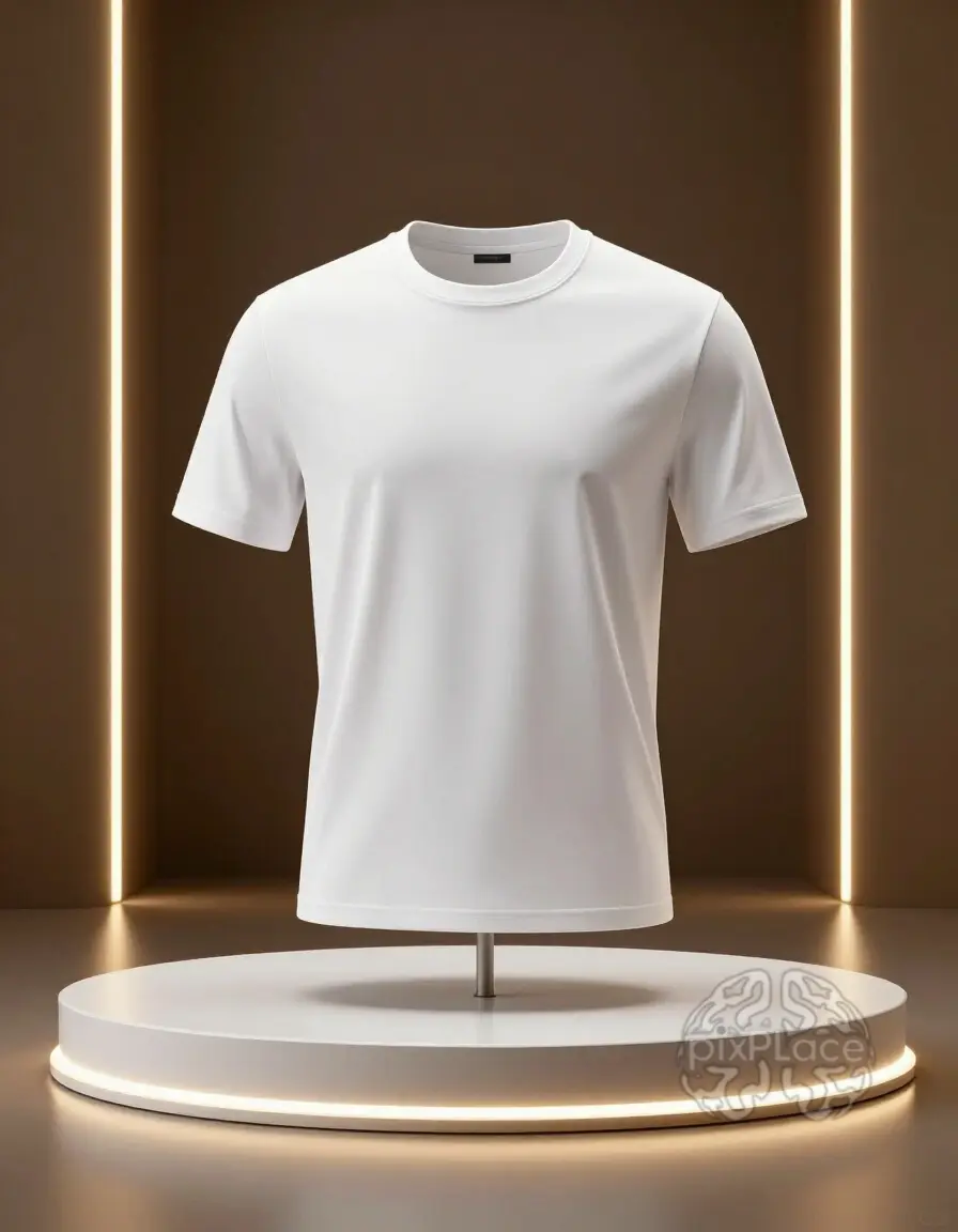White t-shirt on mannequin, glowing platform, dark brown background, golden lighting