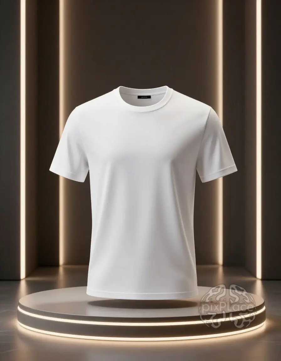 A white T-shirt on a mannequin is displayed on a glowing circular platform with vertical lights in the background, highlighting its quality and luxury appeal.