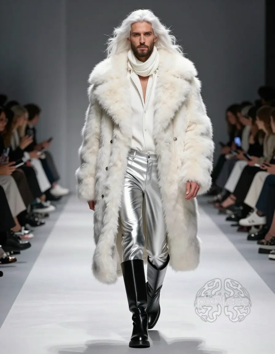 Male model walking down a catwalk wearing a white faux fur coat and metallic silver leather pants.