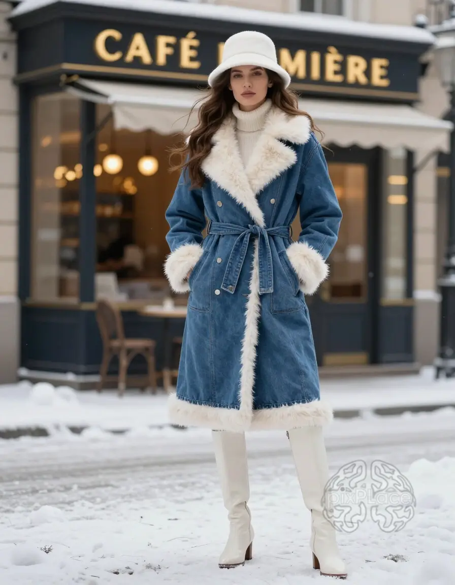 Woman wearing a blue denim coat with white fur trim and cuffs, standing in front of a cafe