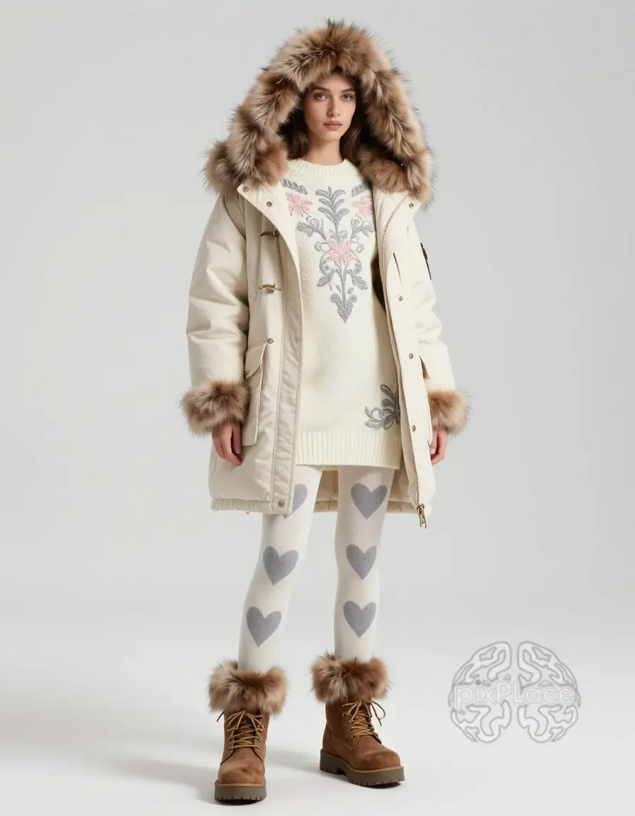 Young woman in a luxurious winter outfit consisting of a cream knit dress, fur-trimmed parka, and matching boots with fur trim, standing against a white background.