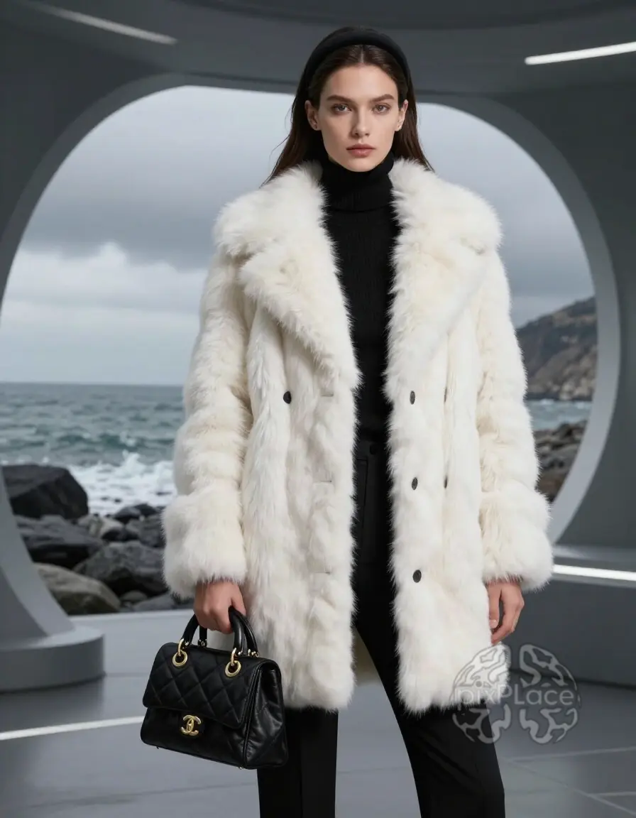 Woman in white fur coat and black outfit standing by the sea