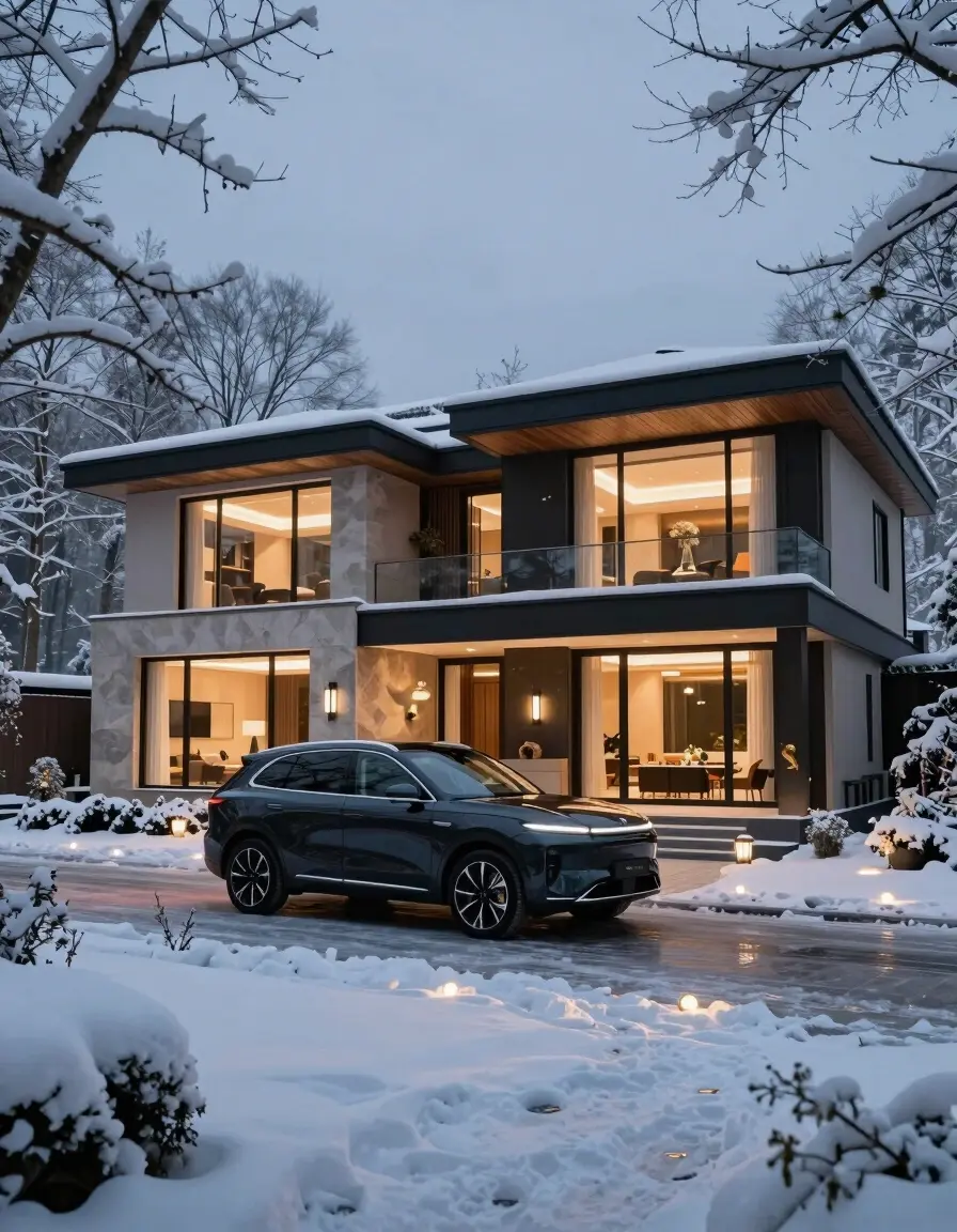 A luxurious modern house with a dark SUV parked in front, surrounded by snow-covered trees and a blue-gray winter evening sky.