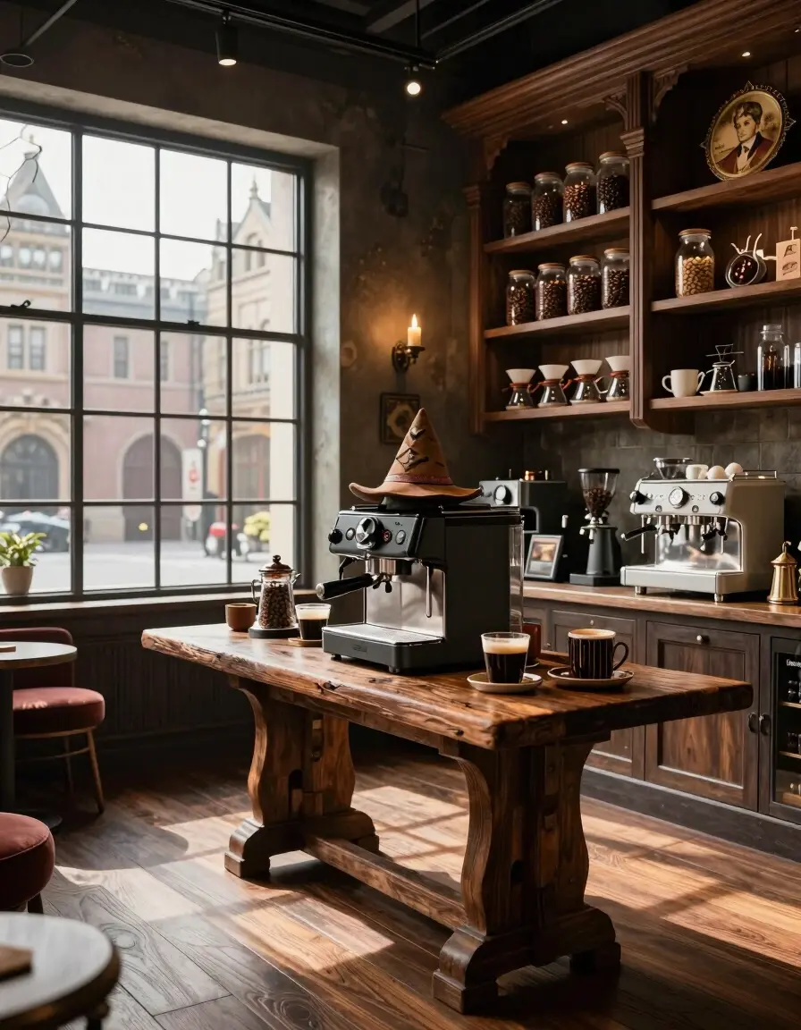 A Harry Potter themed coffee shop with a Sorting Hat coffee machine on a wooden table.