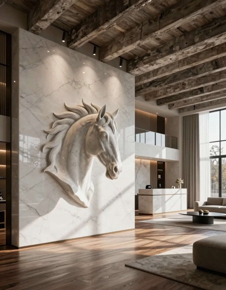 A large white marble wall with a sculpted horse head and flowing mane dominates the space, complemented by exposed ceiling beams and modern lighting.