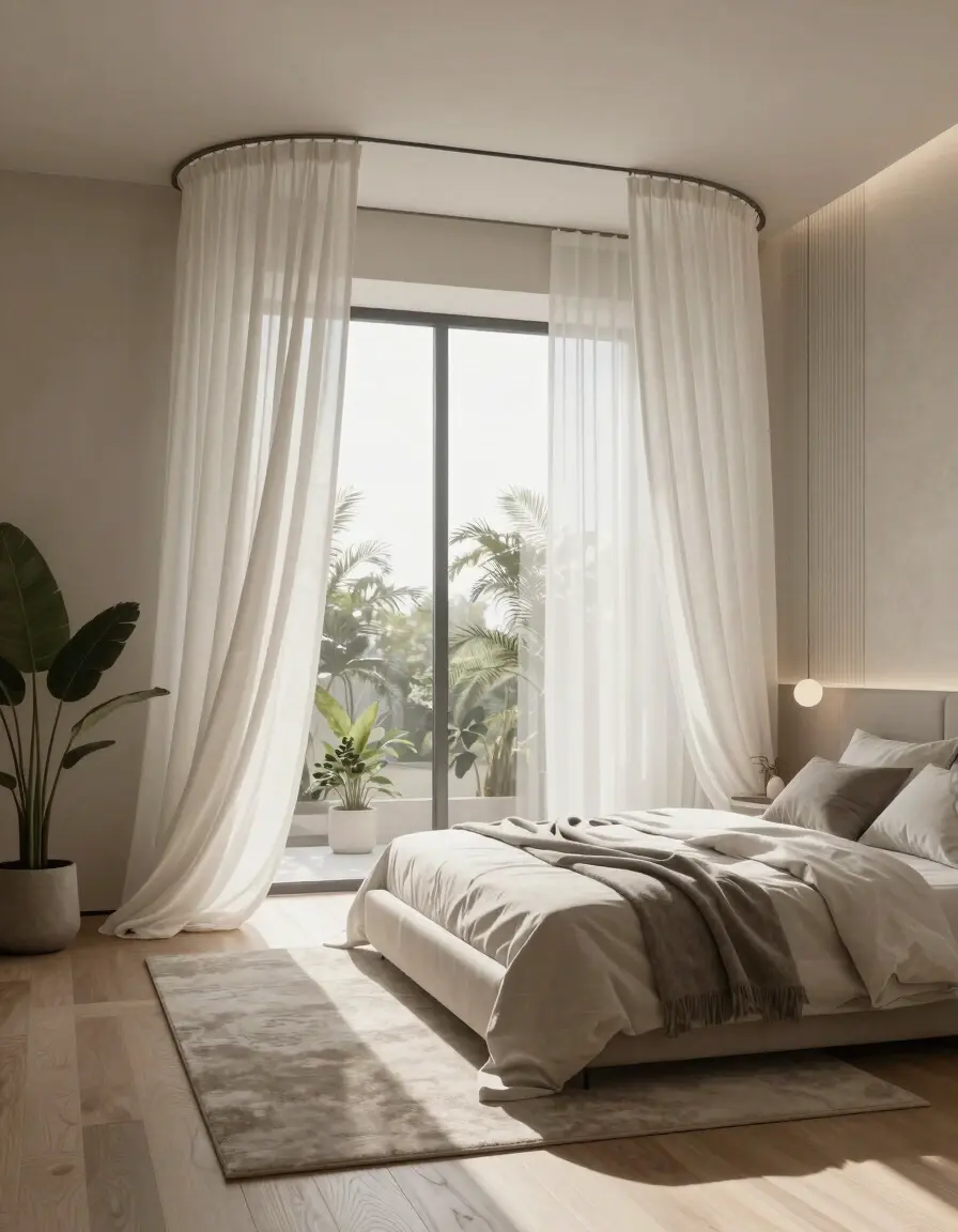A minimalist bedroom featuring a canopy bed with white drapes, a large window with sheer curtains, and a neutral color palette accented with greenery.