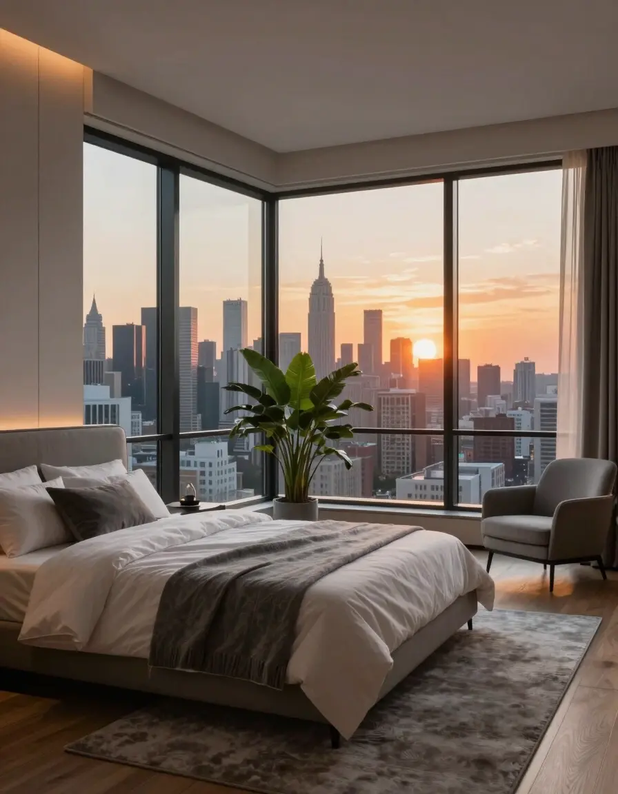 A modern bedroom with a large window showing a city skyline at sunset, featuring a minimalist bed, gray armchair, and potted plant on a wooden floor with a gray rug.